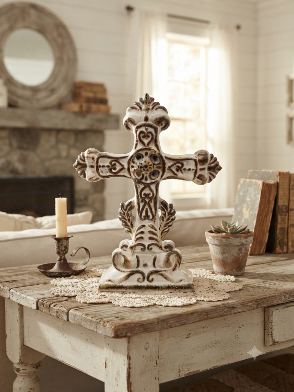 Decorative Ceramic Cross in Distressed White and Brown - Home Accents